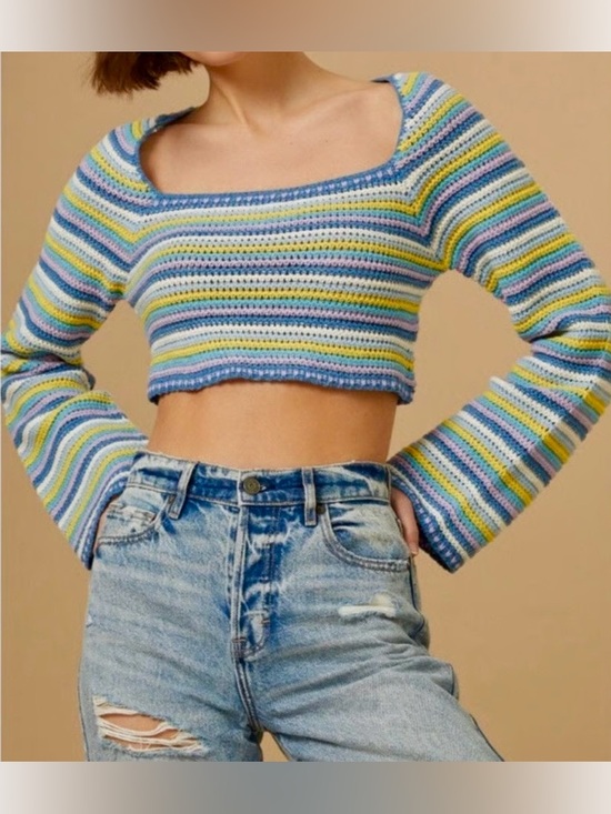 Altar'd State Tops - Altar’d State Pastel Crochet Crop Sweater XS Spring Easter Striped NWT